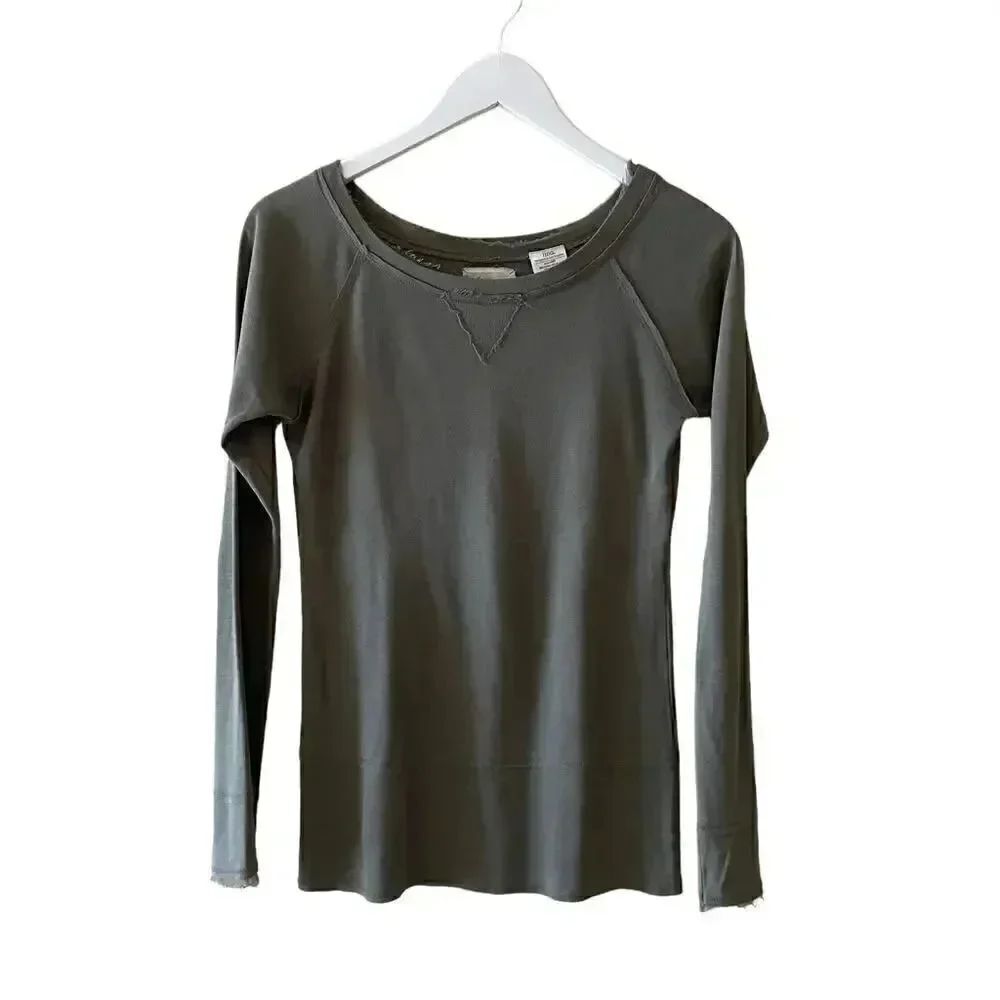 Linq Olive Cotton Modal Lightweight Silk Hem Pullover Long Sleeves Top SZ S